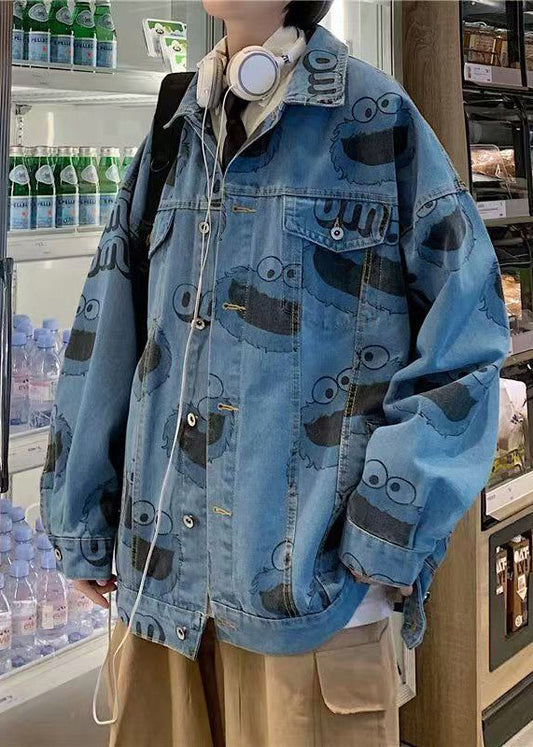 Mens Denim Jacket Cookie Monster Print Button Front Casual Blue - OutfitLondon