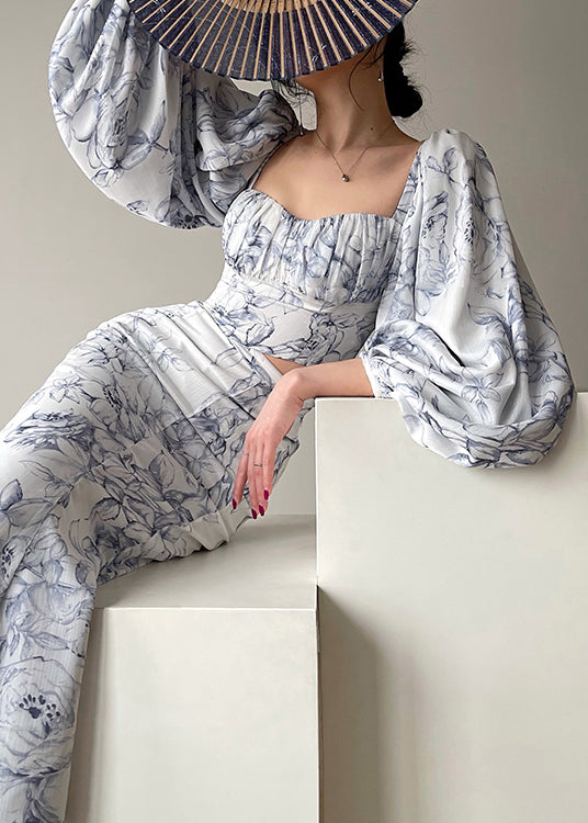 Women's Silk Two-Piece Set Blue Print Skirt - OutfitLondon