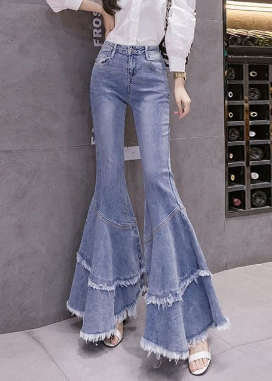 Women's Blue Flared Denim Jeans With Pom Poms - OutfitLondon