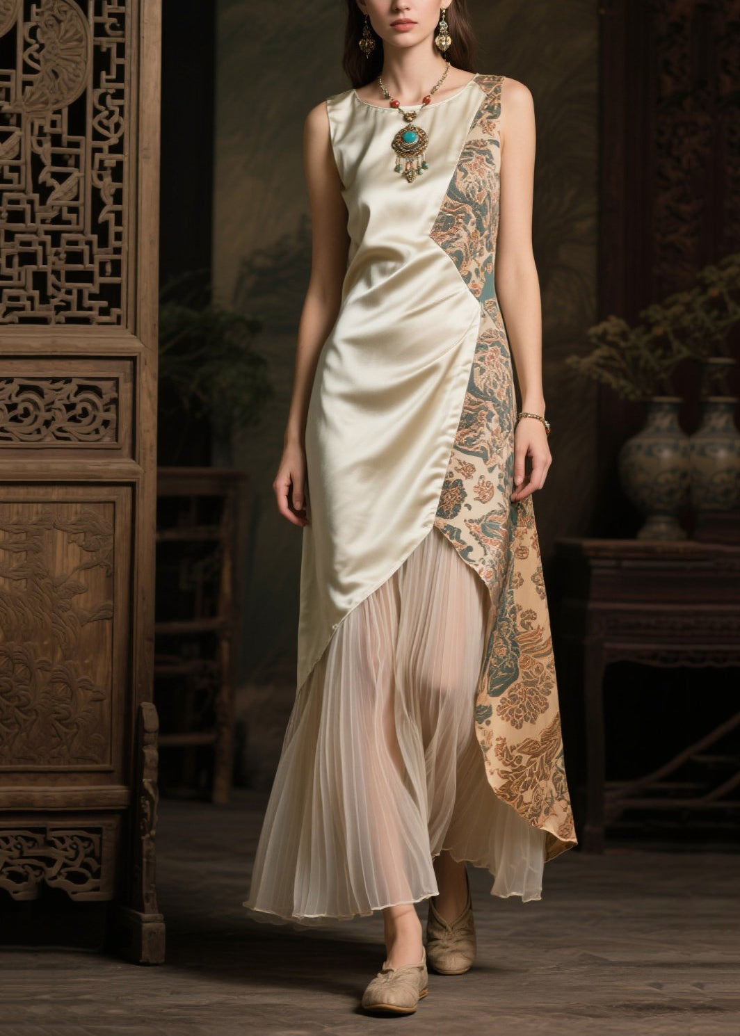Women's Silk Tulle Gown Asymmetric Champagne - OutfitLondon