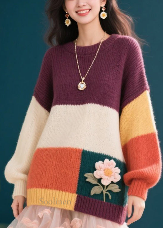 Women's Floral Knit Sweater Cozy Autumn Warmth Color Block - OutfitLondon