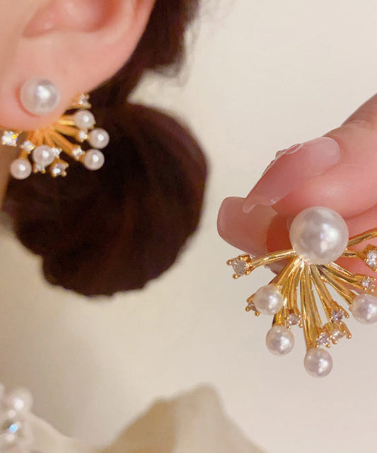 Women's Copper Earrings Zirconia Pearls Gold Tone - OutfitLondon