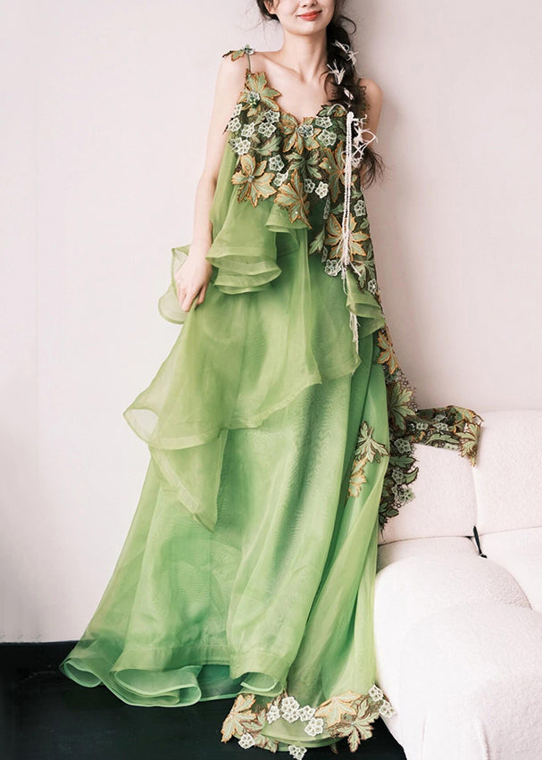 Women's Cotton Silk Summer Dress Green Embroidered Sleeveless - OutfitLondon