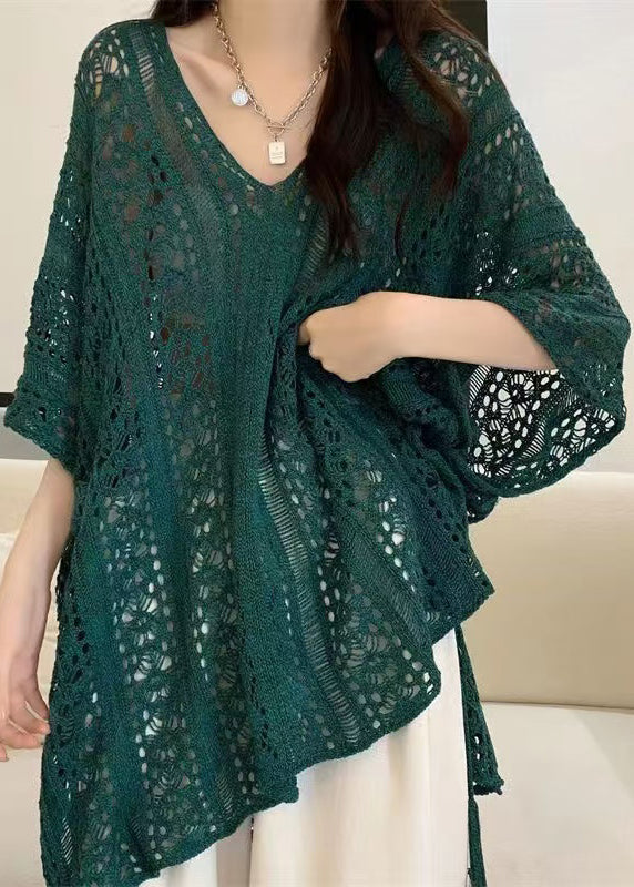 Women's V Neck Knit Breathable Green - OutfitLondon