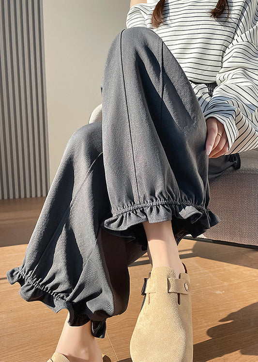 Women's Cotton Wide Leg Pants Gray Ruffled Elastic Waist - OutfitLondon