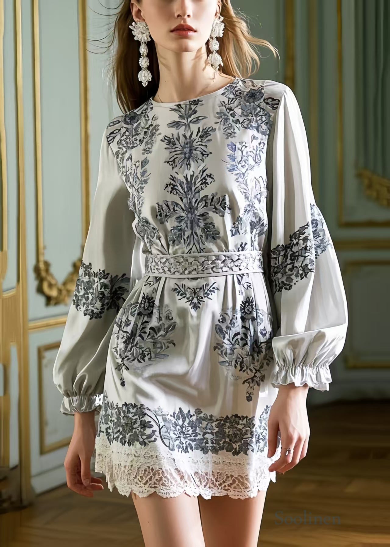 Women's Silk Blend Printed Tunic Dress Grey - OutfitLondon