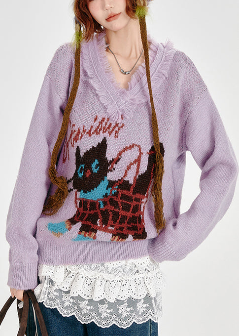 Women's Lavender Knit Sweater With Pom Poms - OutfitLondon