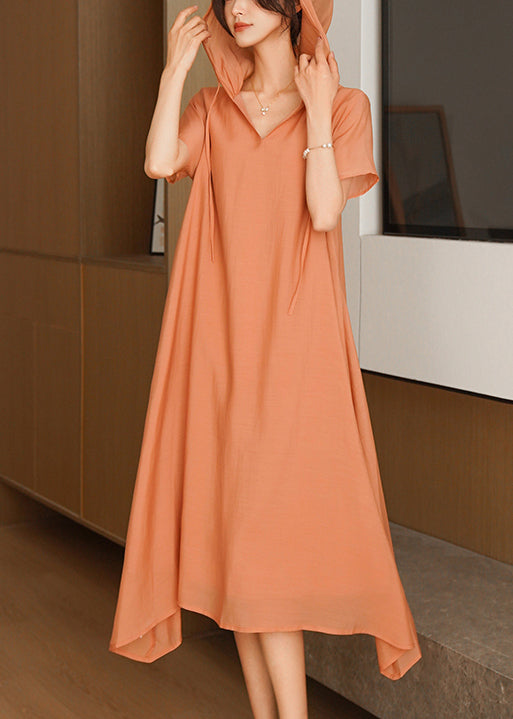Women's Cotton Maxi Dress Orange Hooded - OutfitLondon