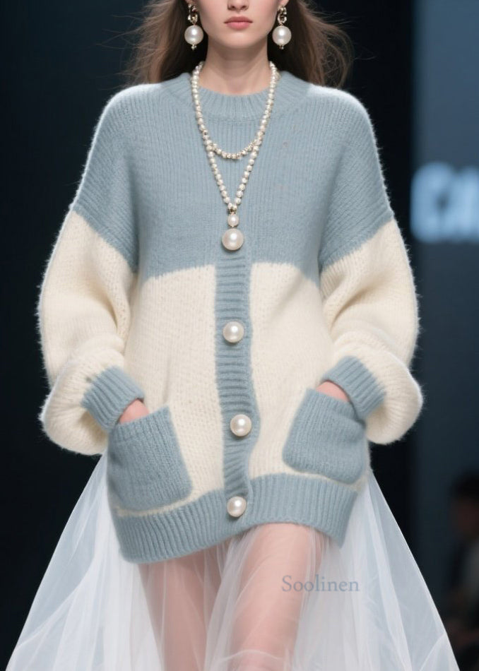 Women's Patchwork Knit Sweater With Pockets Autumn Cozy Relaxed Fit - OutfitLondon