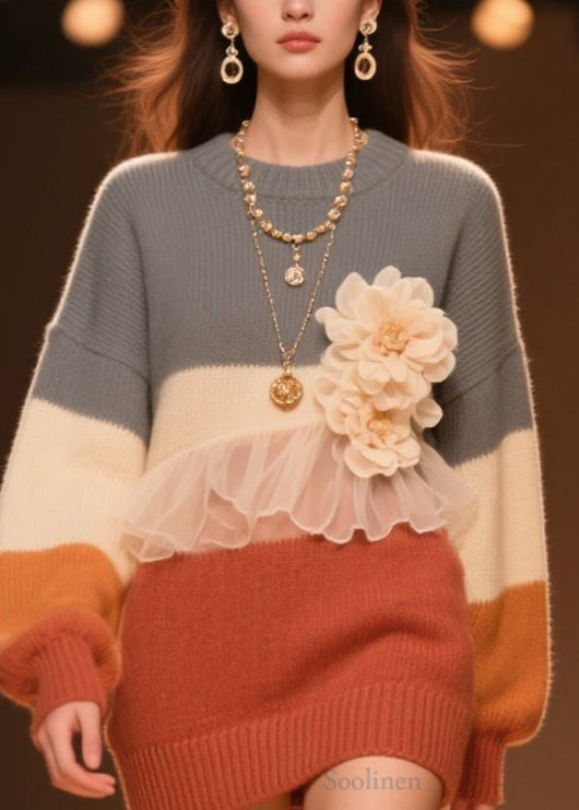 Women's Knit Sweater Tulle Ruffles Floral Autumn - OutfitLondon