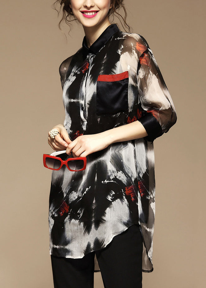 Women's Silk Blend Blouse Peter Pan Collar Printed Pockets Bracelet - OutfitLondon