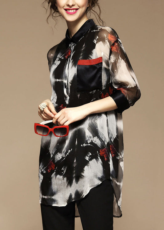 Women's Silk Blend Blouse Peter Pan Collar Printed Pockets Bracelet - OutfitLondon