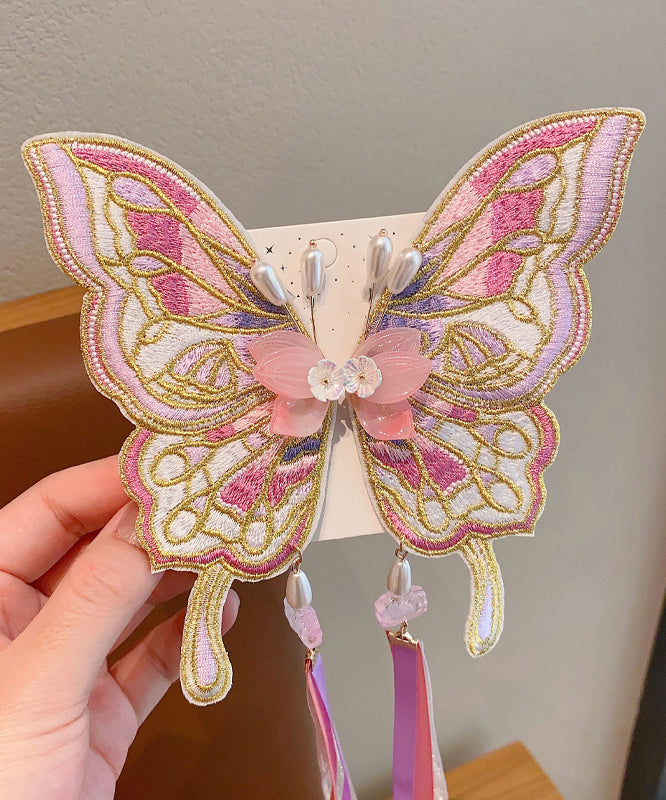 Girls Hair Pin Pink Alloy Butterfly Embroidery Pearl Ribbon - OutfitLondon