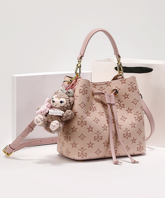 Women's Pink Leather Bucket Bag Embossed Calf Leather Drawstring - OutfitLondon