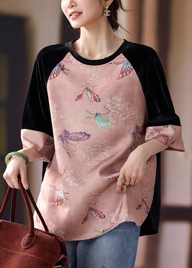 Women's Silk Velvet T-Shirt Pink Print Three Quarter Sleeves - OutfitLondon