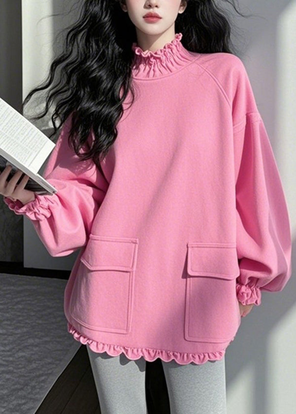 Women's Cotton Blouse Ruffled Pockets Pink - OutfitLondon