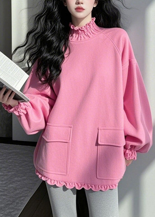 Women's Cotton Blouse Ruffled Pockets Pink - OutfitLondon