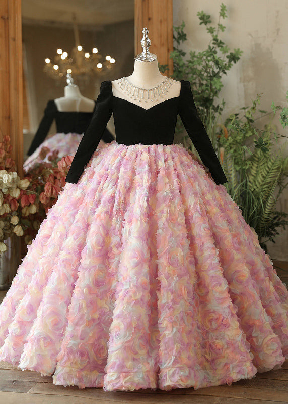 Girls Pink Tulle Dress Black Bodice - OutfitLondon