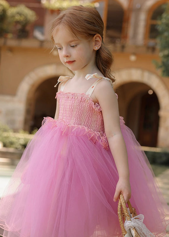 Girls Pink Tulle Spaghetti Strap Dress Sleeveless Party Gown - OutfitLondon