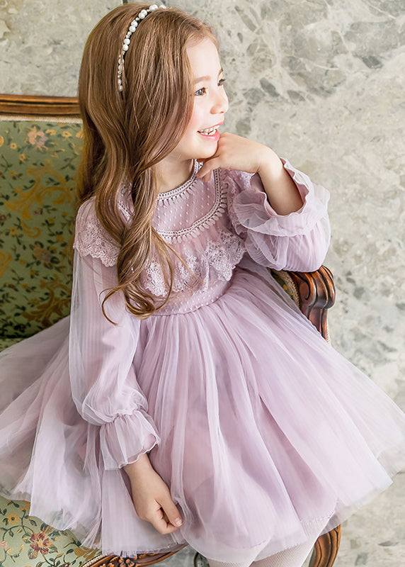 Girls Lavender Tulle Dress Round Neckline Lantern Sleeves - OutfitLondon