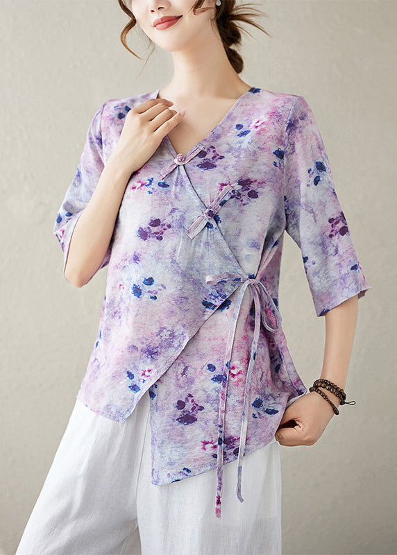 Women's Cotton Blouse V Neck Mid Sleeve Violet - OutfitLondon
