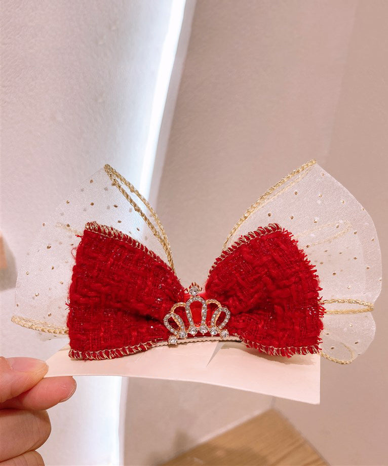 Girls Hair Clip Red Alloy Tulle Bow Zircon - OutfitLondon
