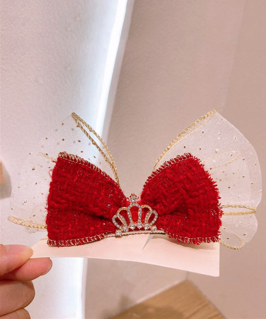 Girls Hair Clip Red Alloy Tulle Bow Zircon - OutfitLondon