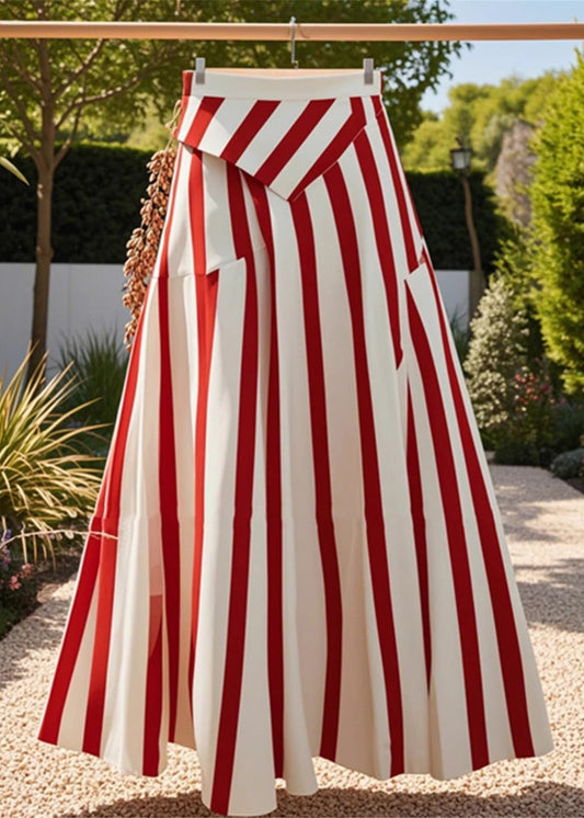 Women's High Waist Cotton Stripe Skirt Red Asymmetric Pattern - OutfitLondon