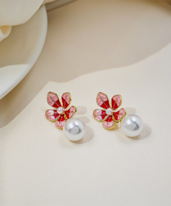 Women's Copper Drop Earrings Floral Pearl Red - OutfitLondon