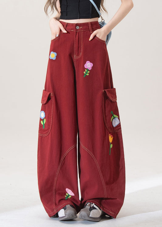 Women's Wide Leg Denim Pants Red Floral Pockets Comfortable - OutfitLondon
