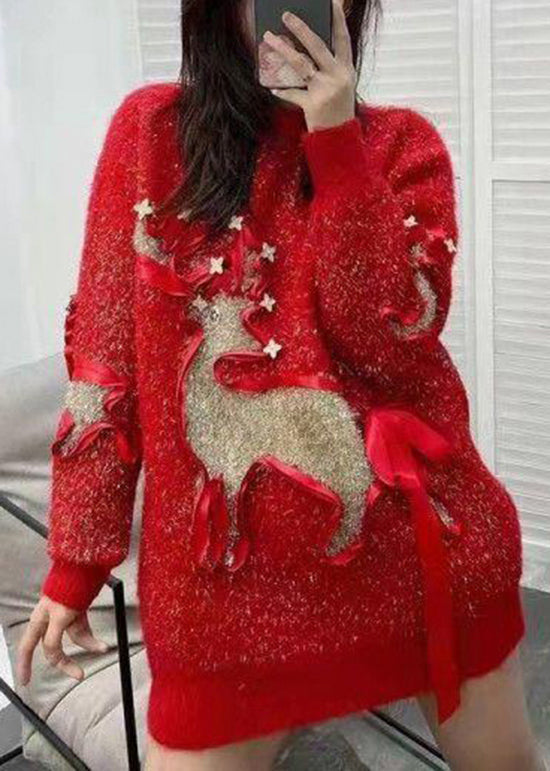 Women's Plus Size 2XL Red Sweater Loose Knit Round Neck - OutfitLondon