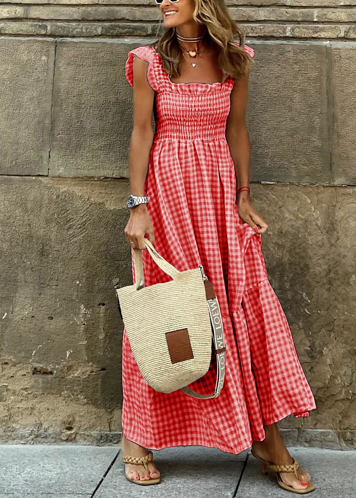 Women's Red Plaid Cotton Sleeveless Maxi Dress - OutfitLondon