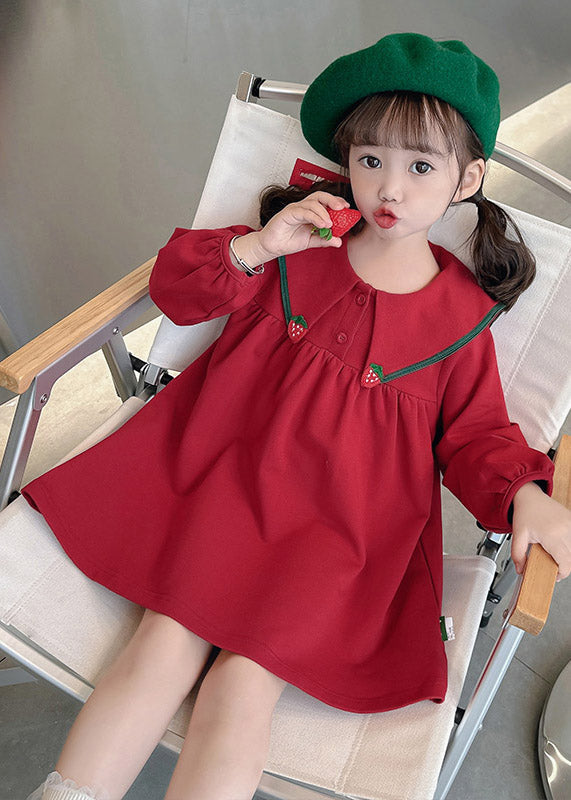 Girls Red Patchwork Dress Navy Sailor Collar Spring Comfort - OutfitLondon