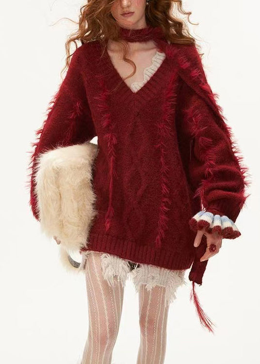 Women's V Neck Sweater Lightweight Red Knit - OutfitLondon