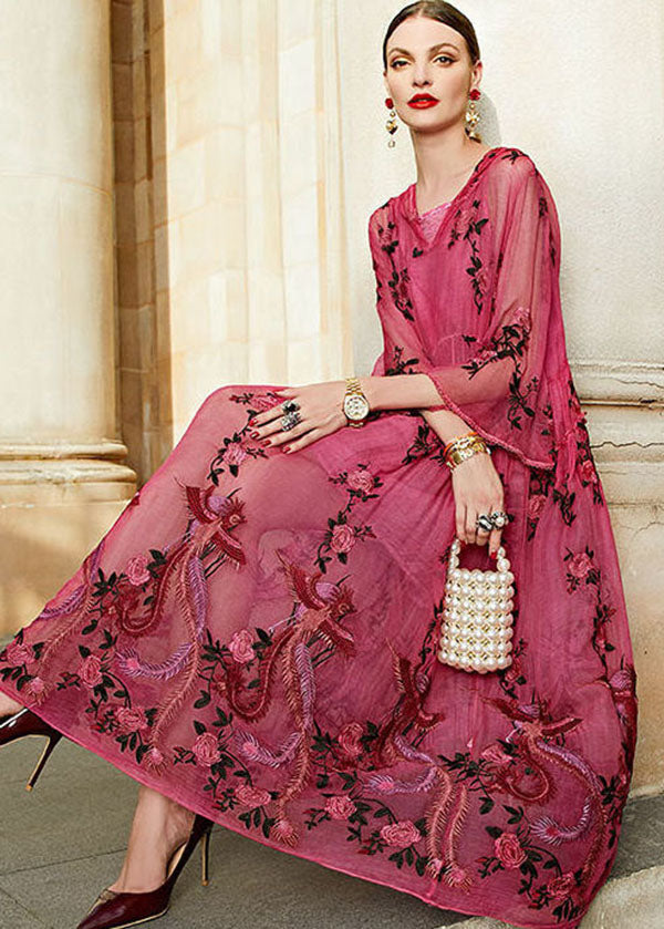 Women's Silk Blend Hooded Two Piece Set Embroidered Rose - OutfitLondon