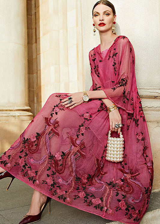 Women's Silk Blend Hooded Two Piece Set Embroidered Rose - OutfitLondon