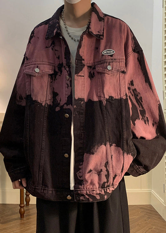 Men's Denim Jacket Red Tie Dye Pockets - OutfitLondon