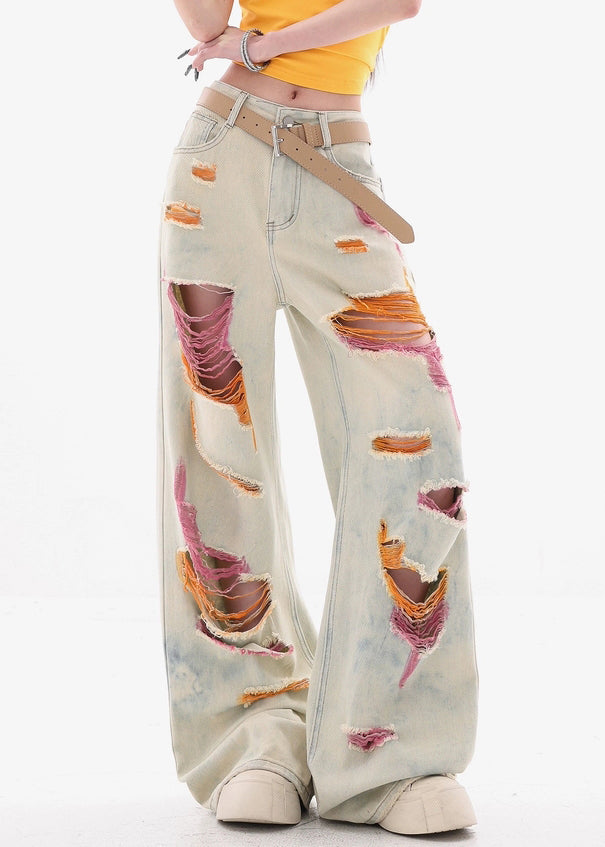 Women's High Waisted Slim Fit Ripped Jeans Tie Dye Denim - OutfitLondon