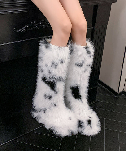 Women's Plush Fur Platform Boots Cushioned Insole White - OutfitLondon