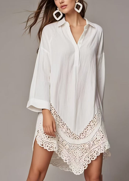 Women's Cotton Shirt Dress White Lace Trim - OutfitLondon