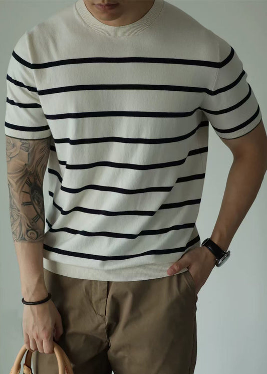 Men's White Striped Knit Tee Relaxed Fit Breathable - OutfitLondon