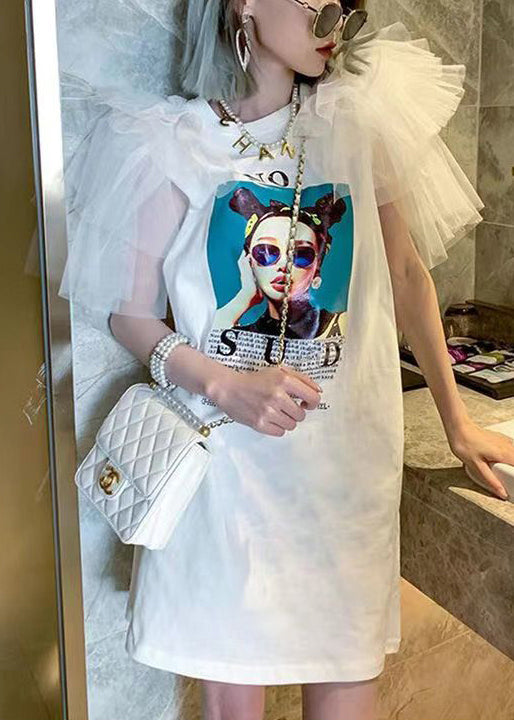 Women's Cotton Blend T Shirt Dress White Patchwork Print - OutfitLondon