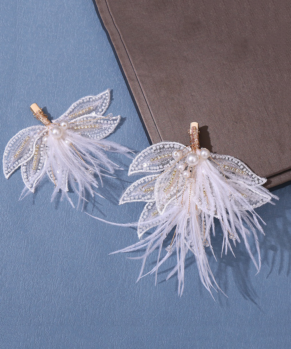 Girls Hair Pins Set Tulle Feathers Gold Pearls White - OutfitLondon