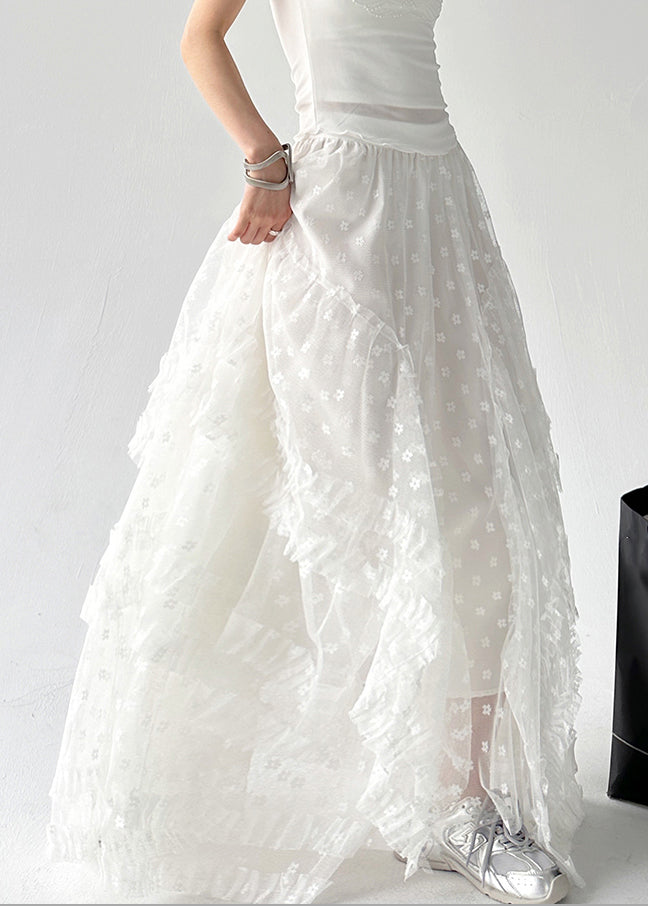 Women's Tulle Ruffle Skirt Elastic Waist White Lightweight - OutfitLondon