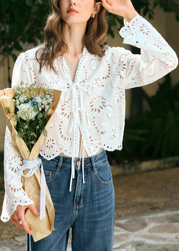 Women's White Cotton Lace Blouse V Neck Tie Front - OutfitLondon