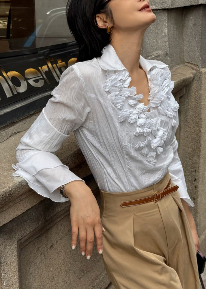 Women's Cotton Blouse Crinkled Floral V Neck White - OutfitLondon