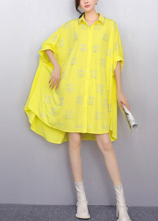 Women's Yellow Silk Shirt Dress Zircon Print Plus Size - OutfitLondon