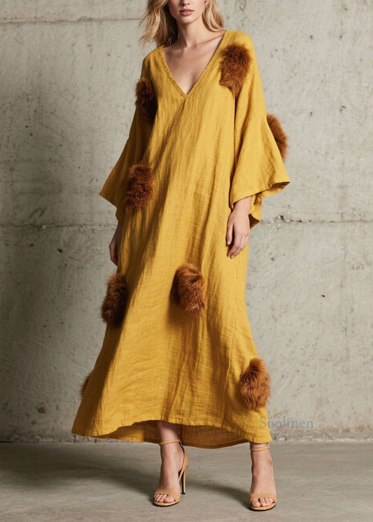 Women's Cotton Maxi Dress V-Neck Yellow - OutfitLondon