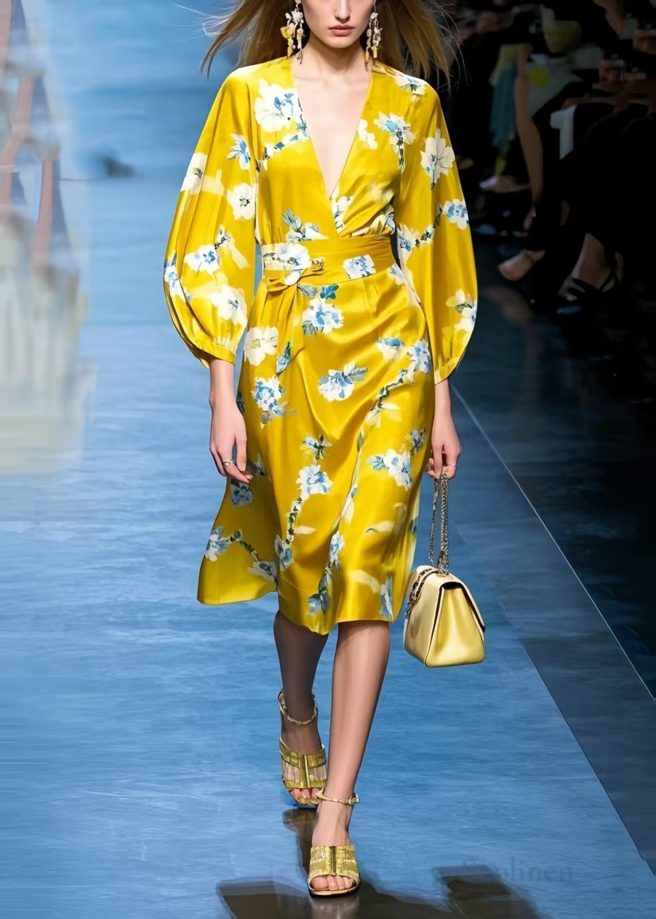 Women's Silk Blend Work Dress V Neck Yellow Spring Print - OutfitLondon