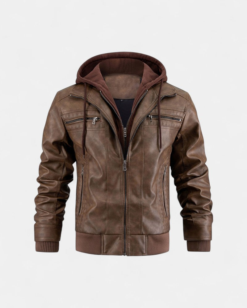 Warm Waterproof Mens Leather Hooded Coat
